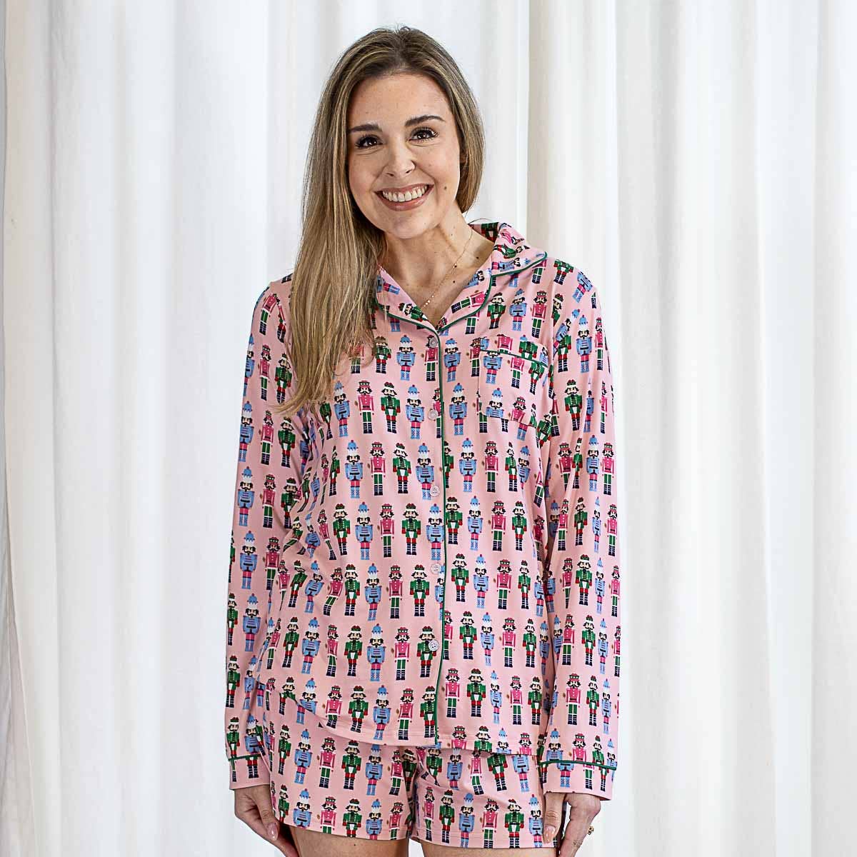 Nutcracker March Long Sleeve Button Up Sleep Shirt Light Pink/Multi -Asst.: XLarge