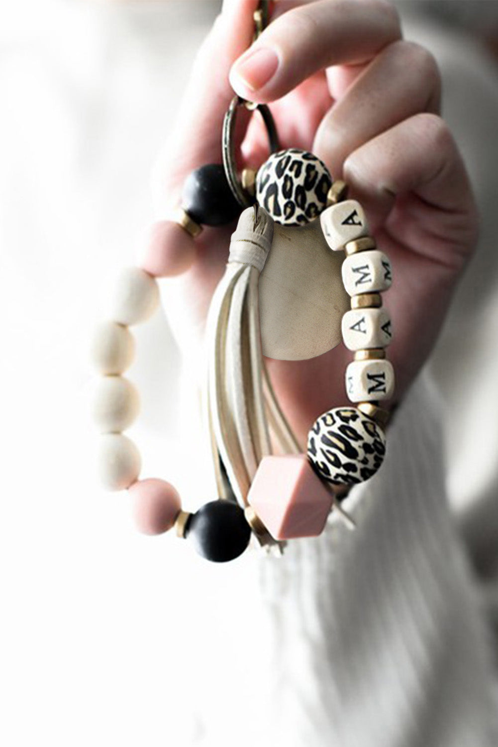 Multicolor Multiple Beads MAMA Leopard Tassel Bracelet Keyring