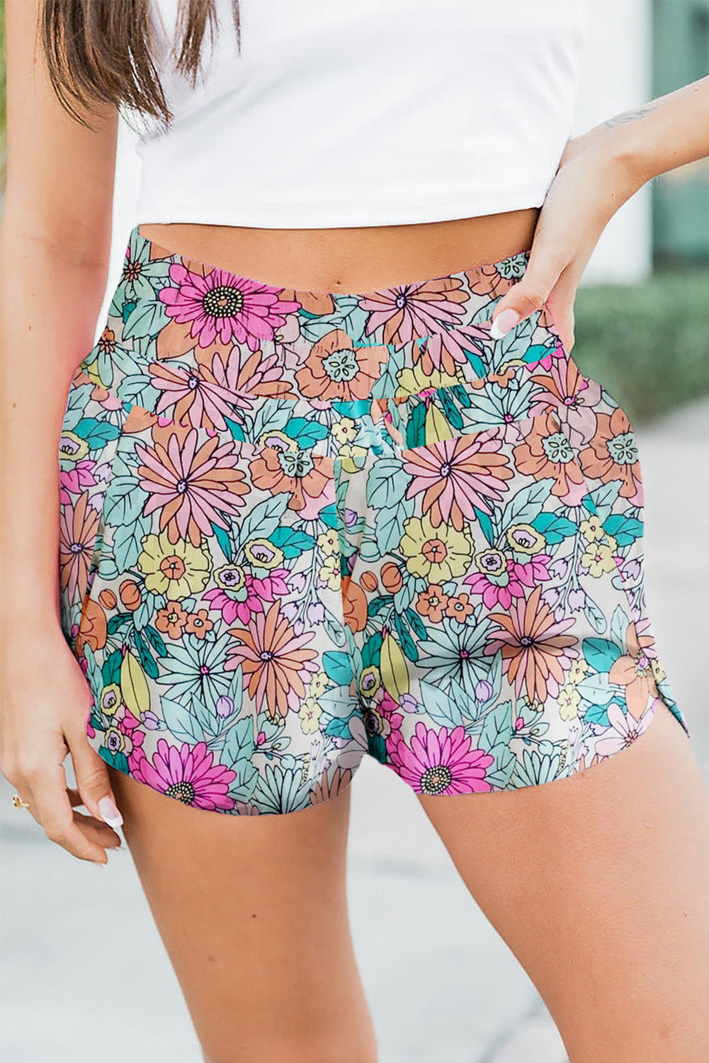 Multicolor Flower Print High Waisted Athletic Shorts