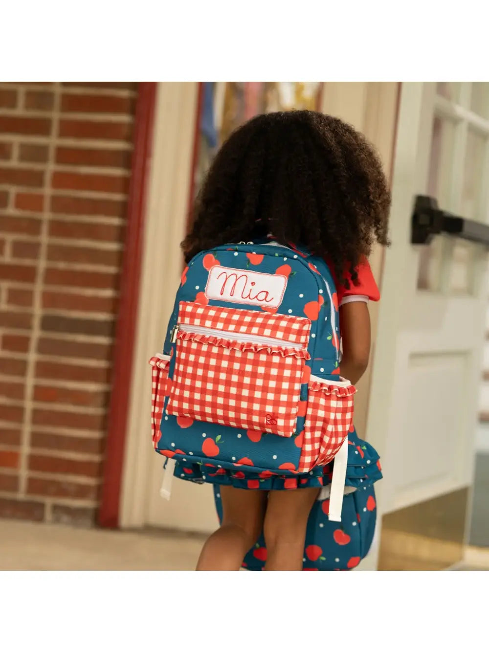 Apples On Navy Ruffle Backpack