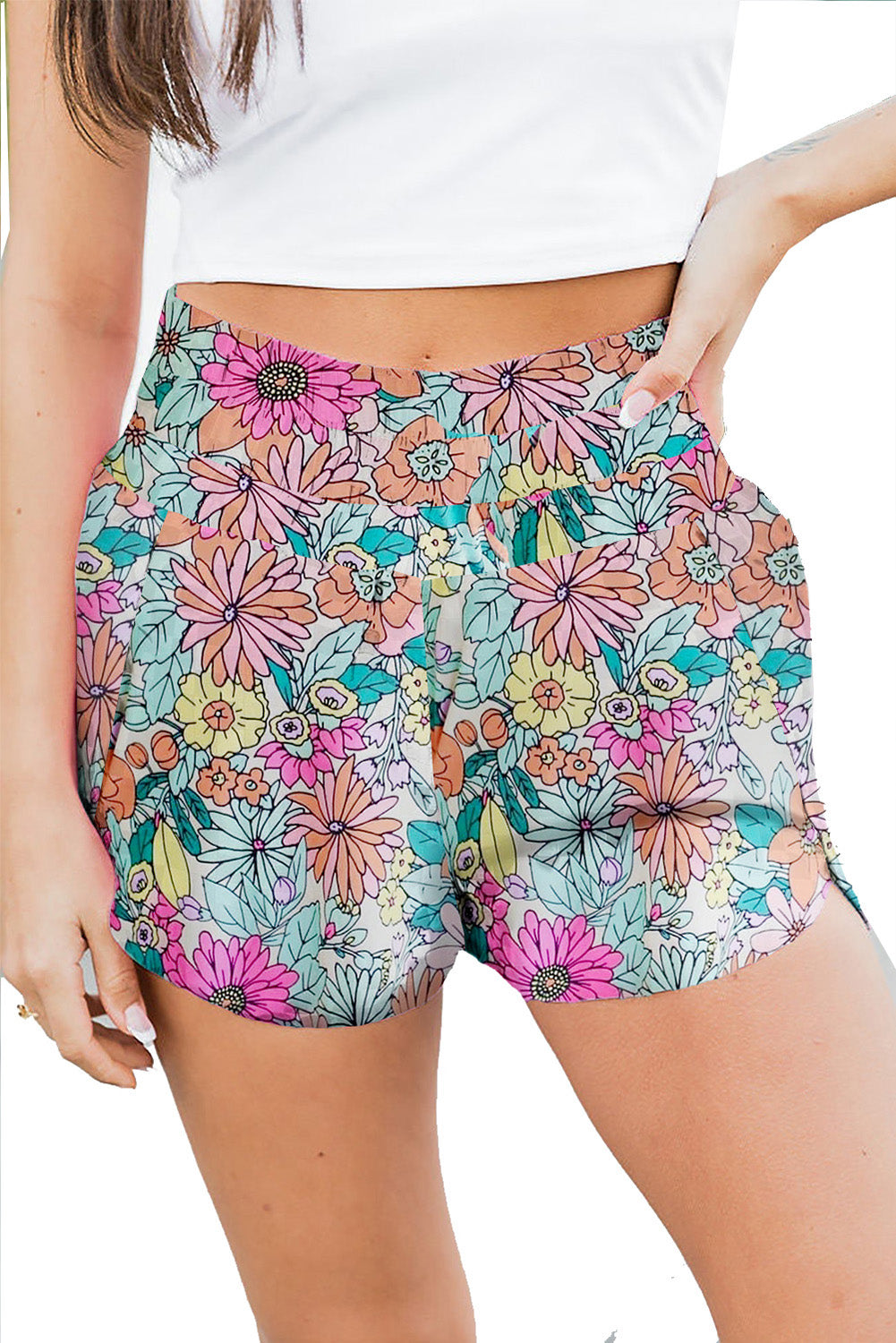Multicolor Flower Print High Waisted Athletic Shorts