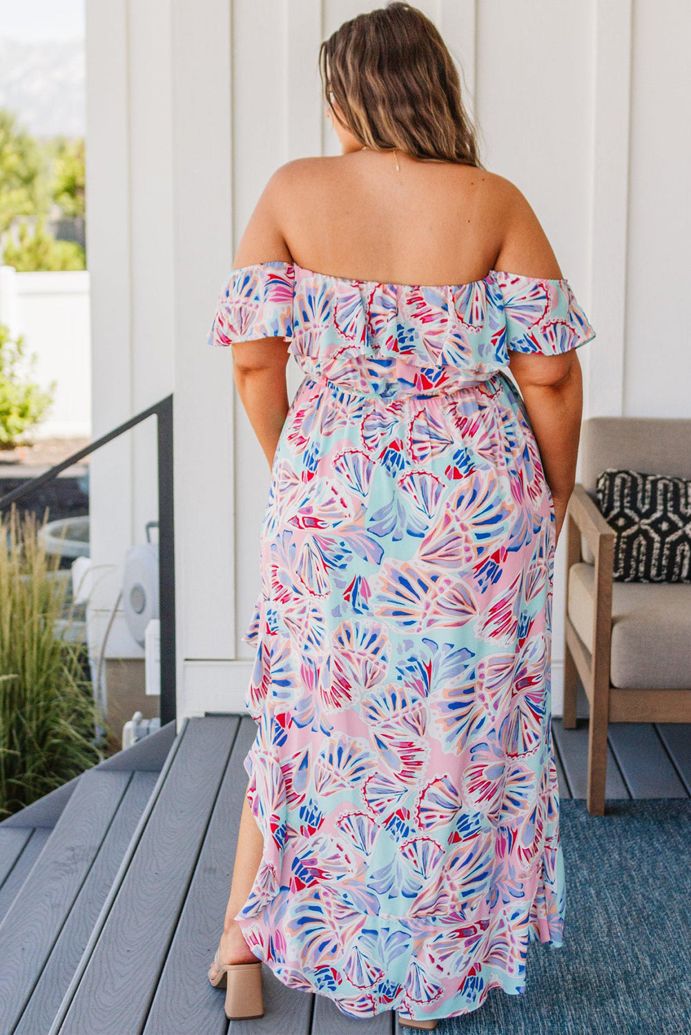 plus size maxi dress pink Pink Sea Shell Print Ruffled Sleeve Plus Size Maxi Dress