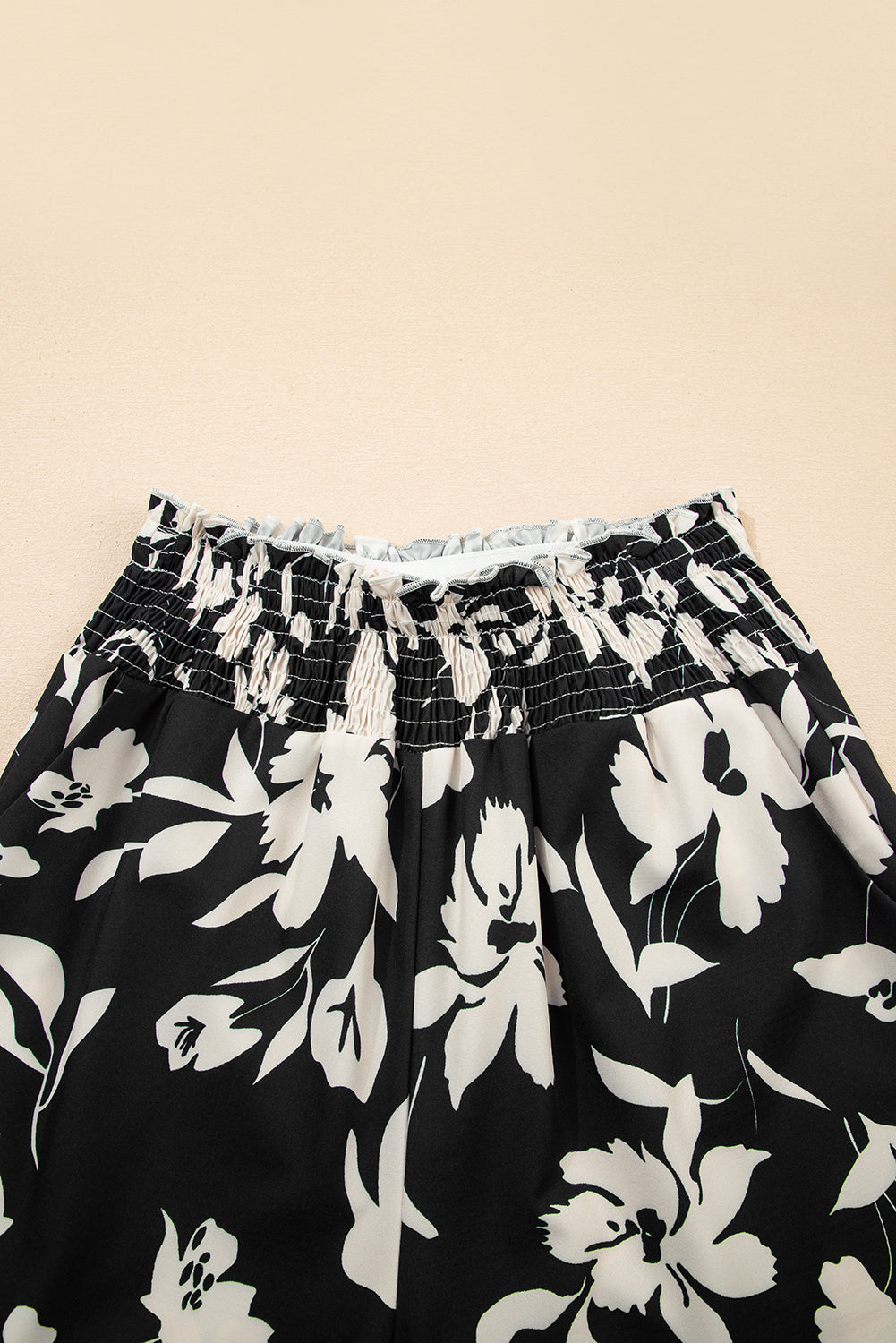 Khaki Floral Print Smocked High Waist Wide Leg Pants