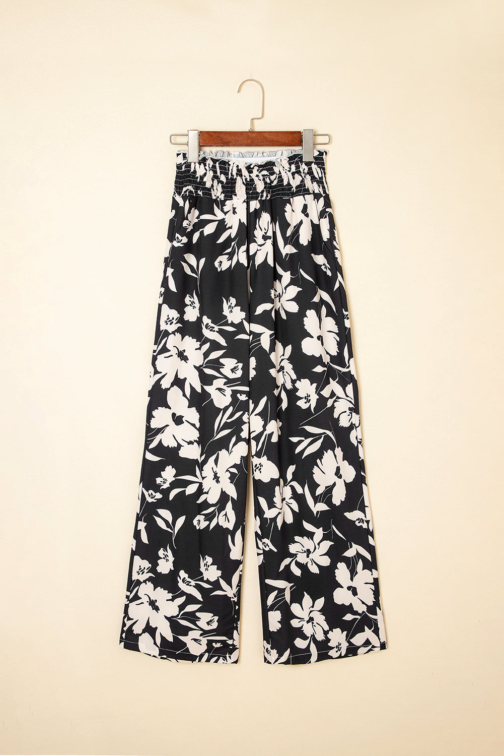 Khaki Floral Print Smocked High Waist Wide Leg Pants