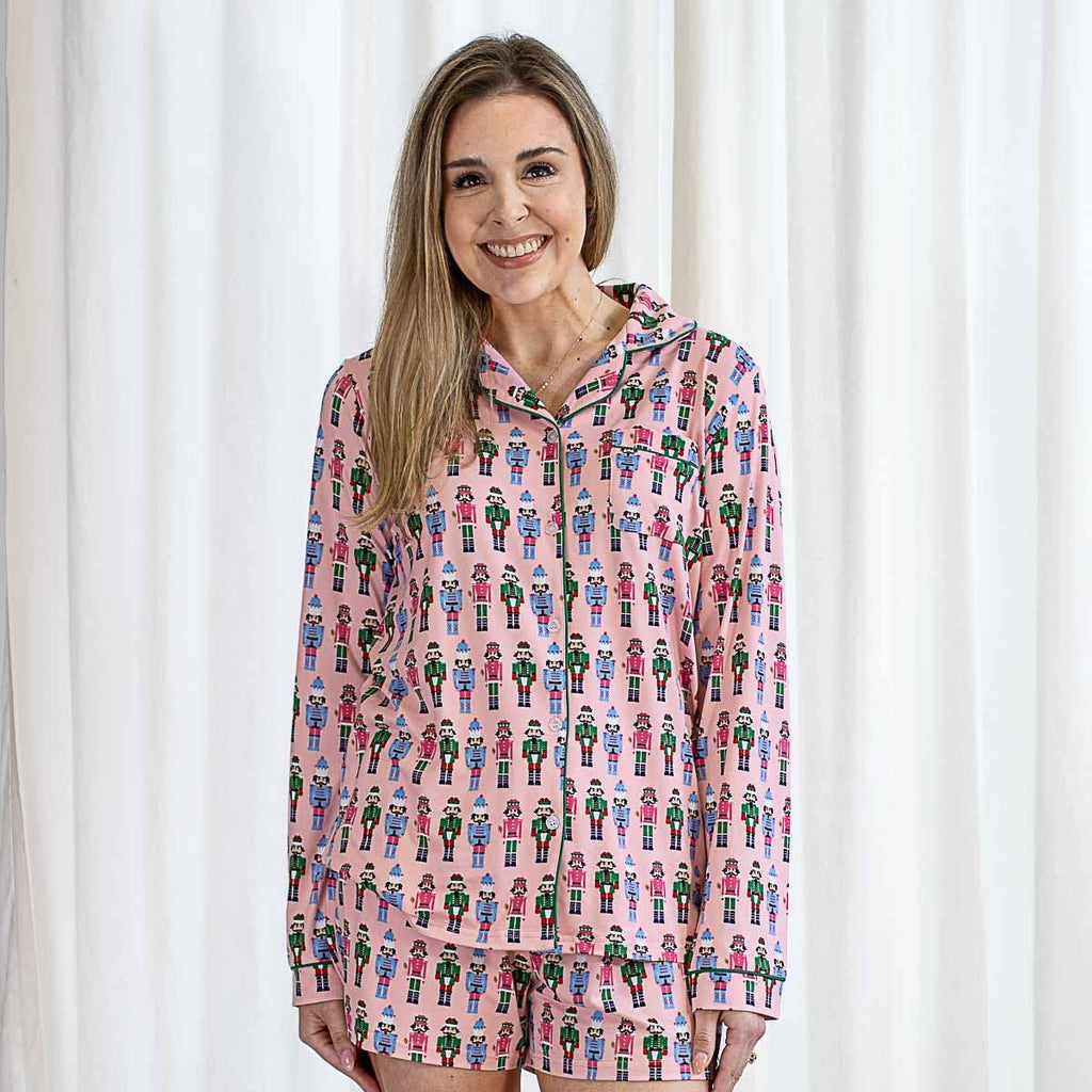 Nutcracker March Long Sleeve Button Up Sleep Shirt   Light Pink/Multi   -Asst.: XLarge
