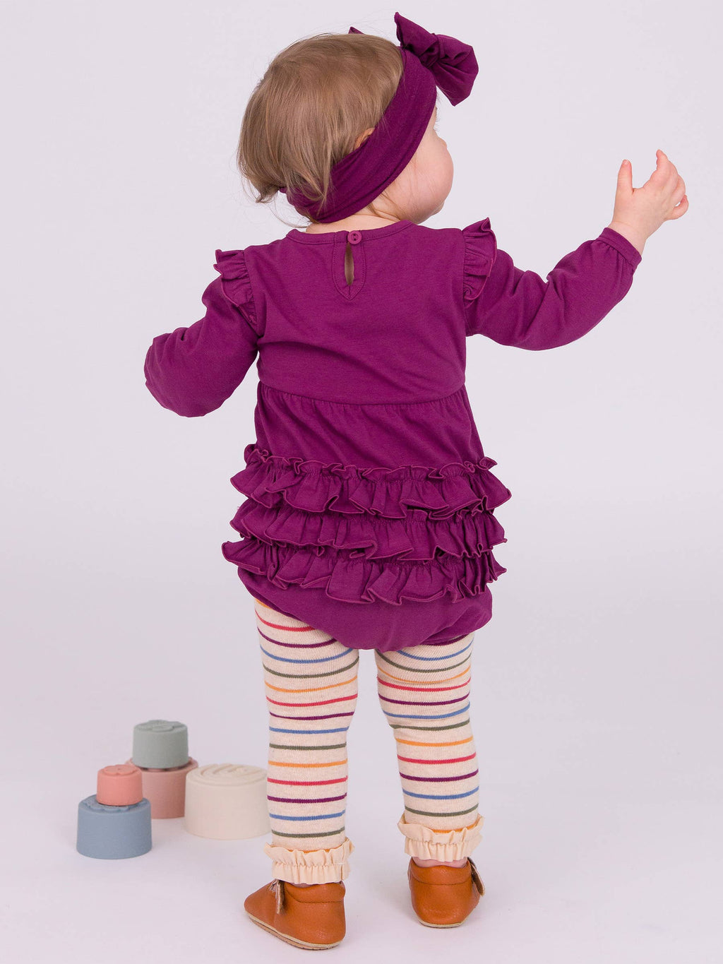 Baby Girls Eggplant Harvest Knit Long Sleeve V-Ruffle Bubble Romper: Purple