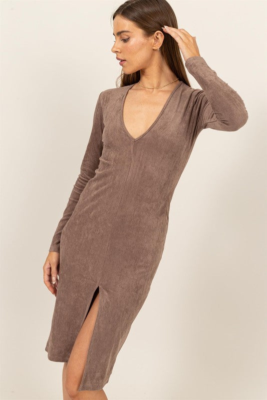 STRETCHY SUEDE SLIT MIDI DRESS