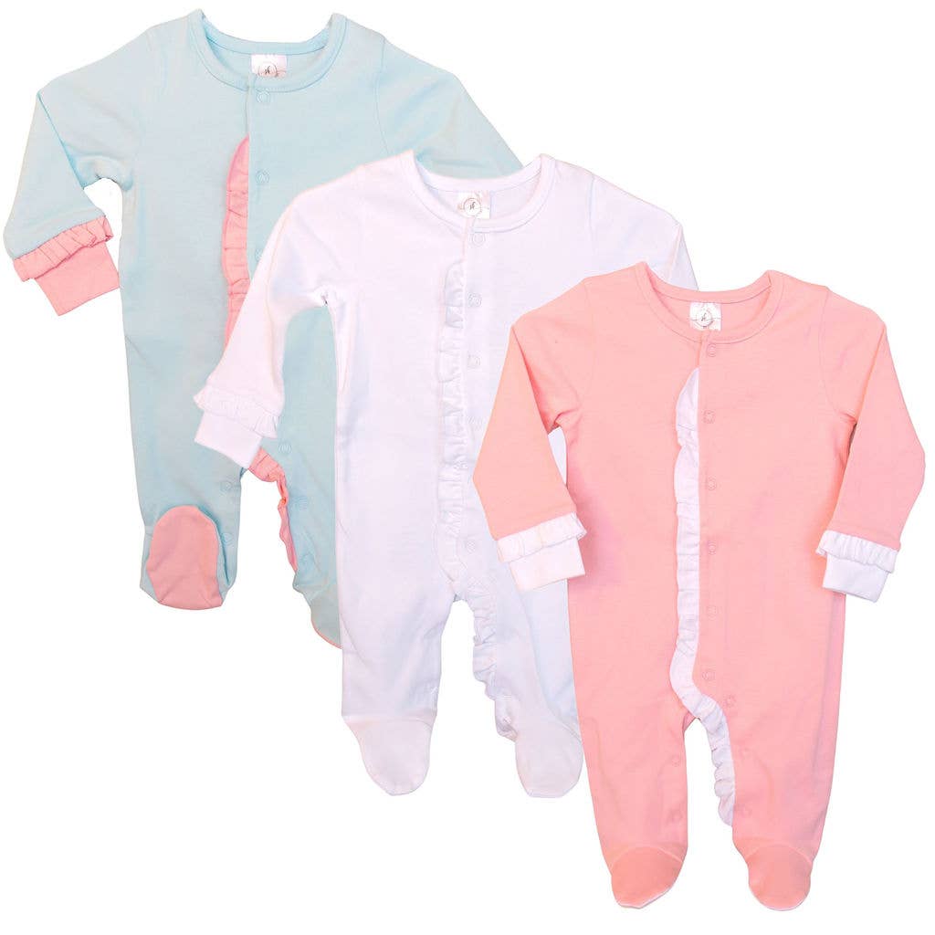 Ruffle Footie: Mint w/Pink Ruffle / 3-6M