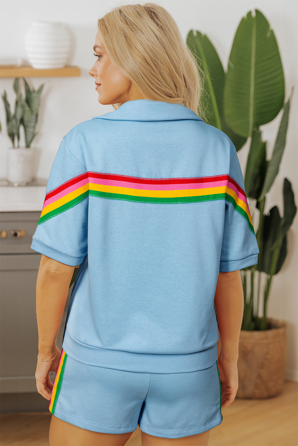 Sea Green Rainbow Colorblock Collared Short Sleeve Top 2 Piece Shorts Set