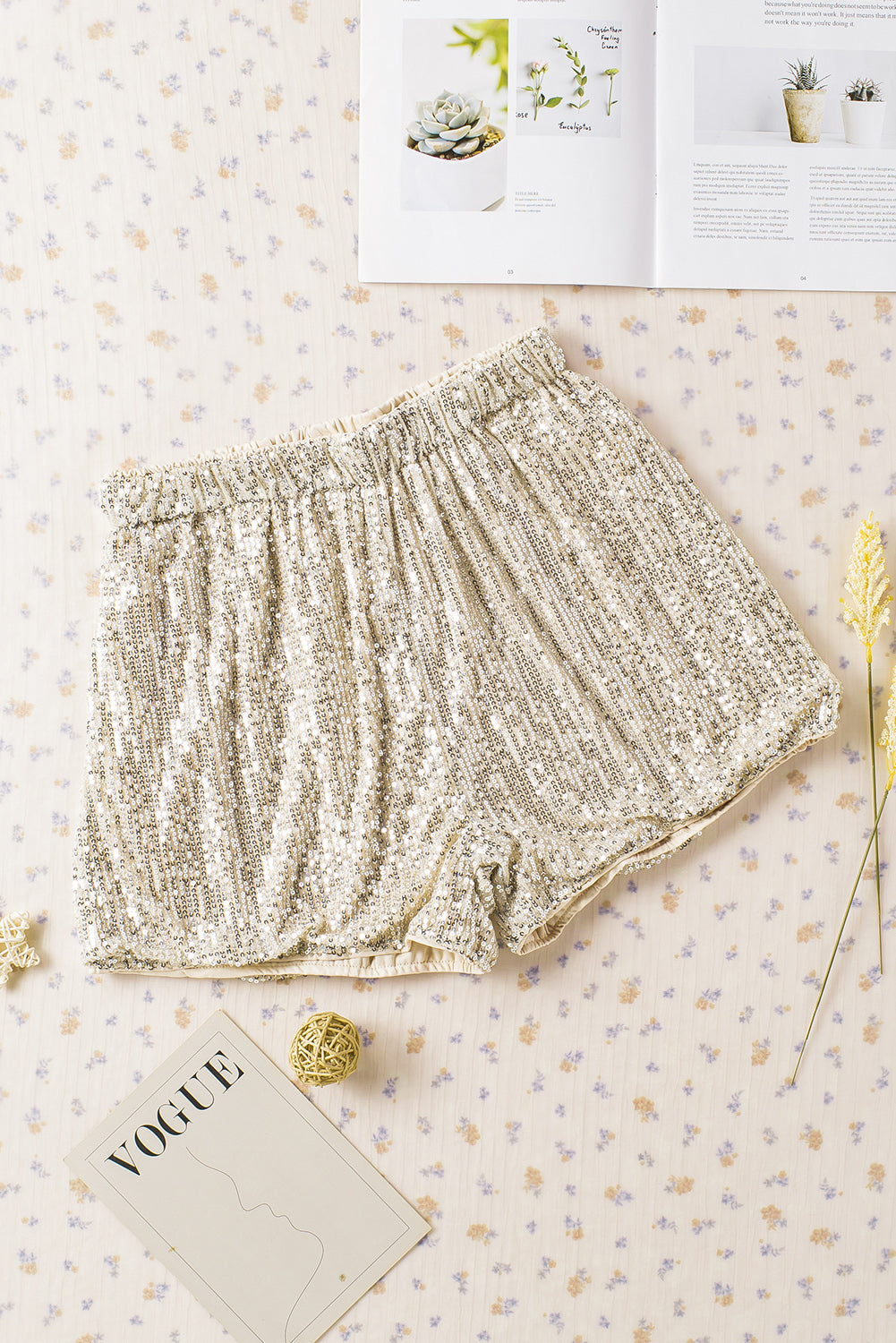 Apricot Sequin Straight Leg High Waist Casual Shorts