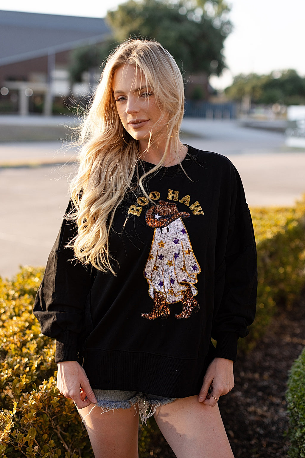 Too Cute To Spook Sequin Cowboy Ghost Top