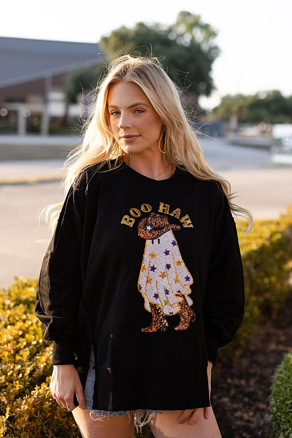 Too Cute To Spook Sequin Cowboy Ghost Top