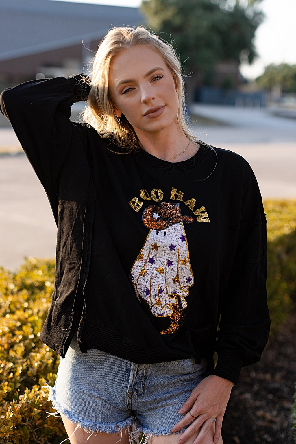 Too Cute To Spook Sequin Cowboy Ghost Top