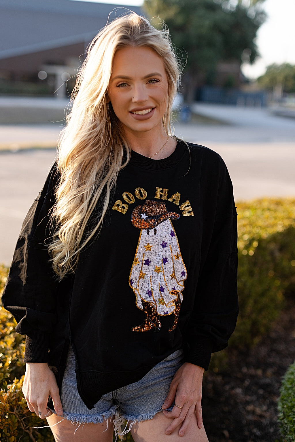 Too Cute To Spook Sequin Cowboy Ghost Top