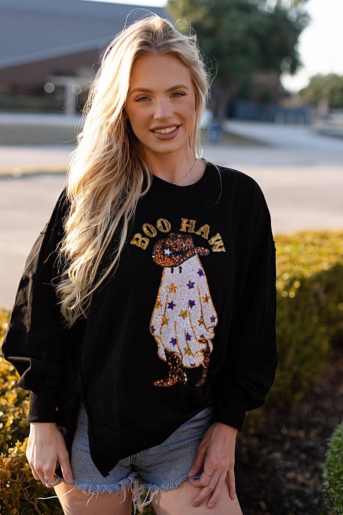 Too Cute To Spook Sequin Cowboy Ghost Top