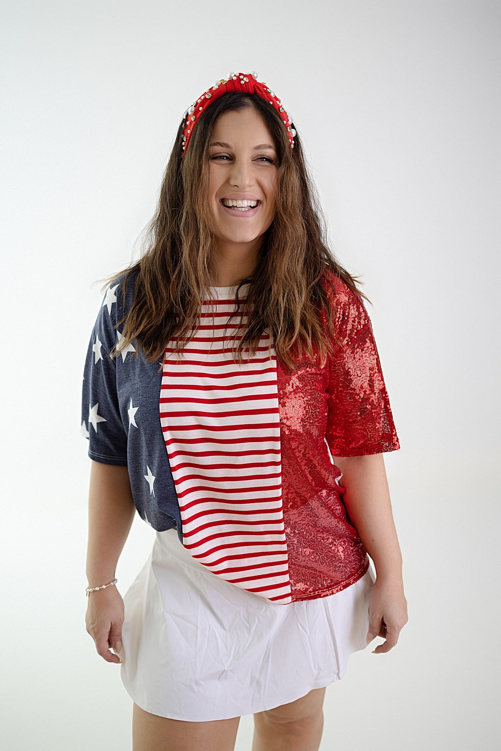 STARS AND STRIPES SEQUIN BLOCKED CREW NECK TOP
