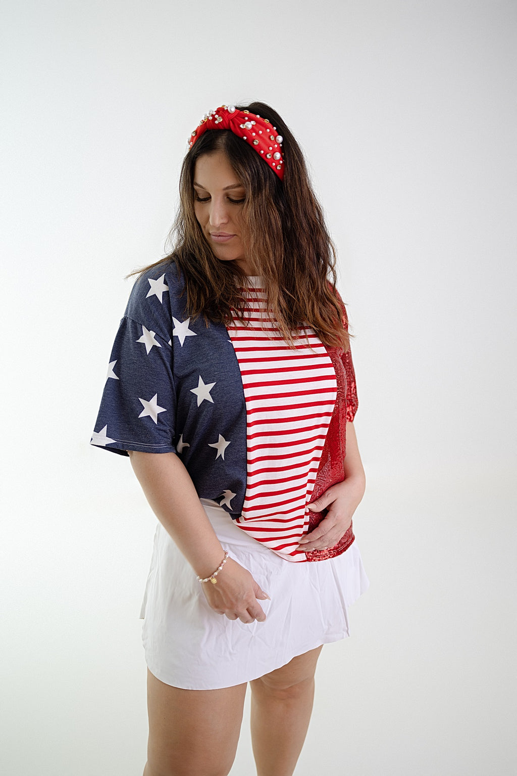 STARS AND STRIPES SEQUIN BLOCKED CREW NECK TOP