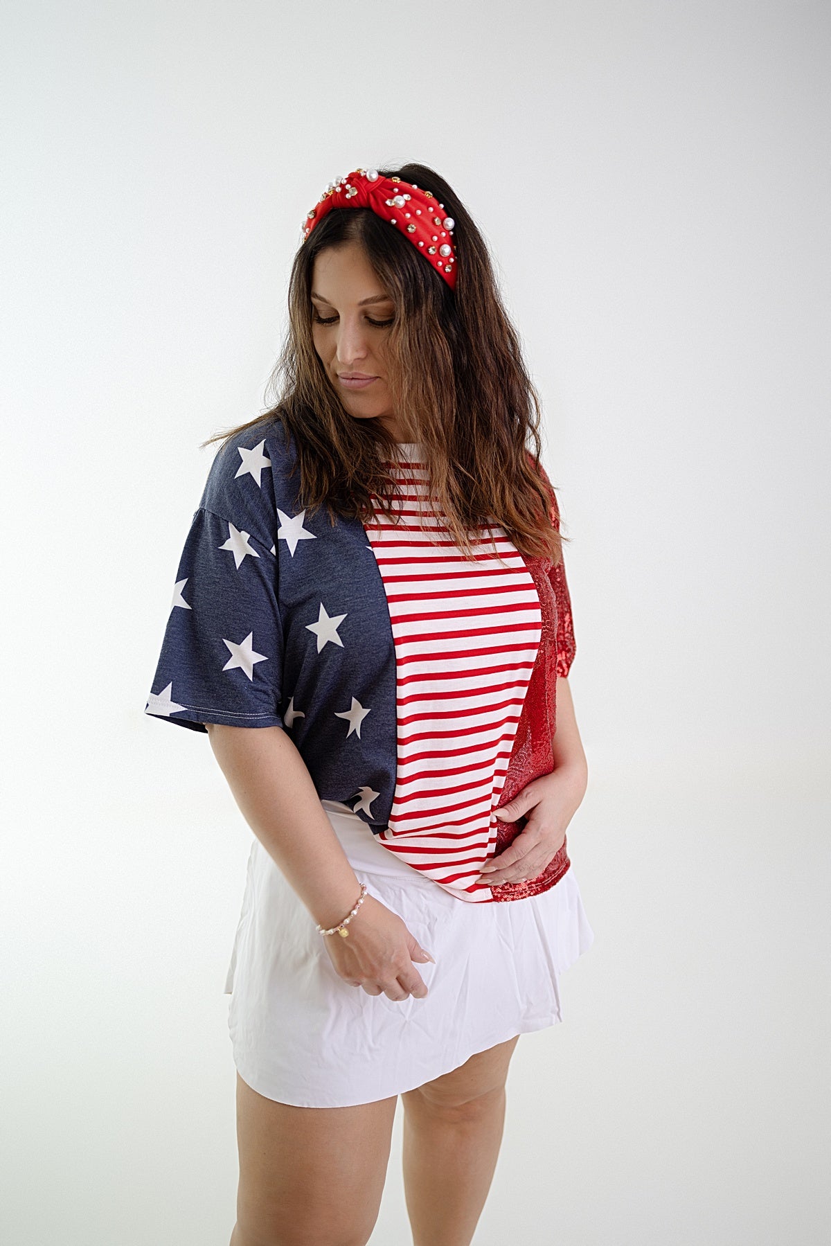 STARS AND STRIPES SEQUIN BLOCKED CREW NECK TOP