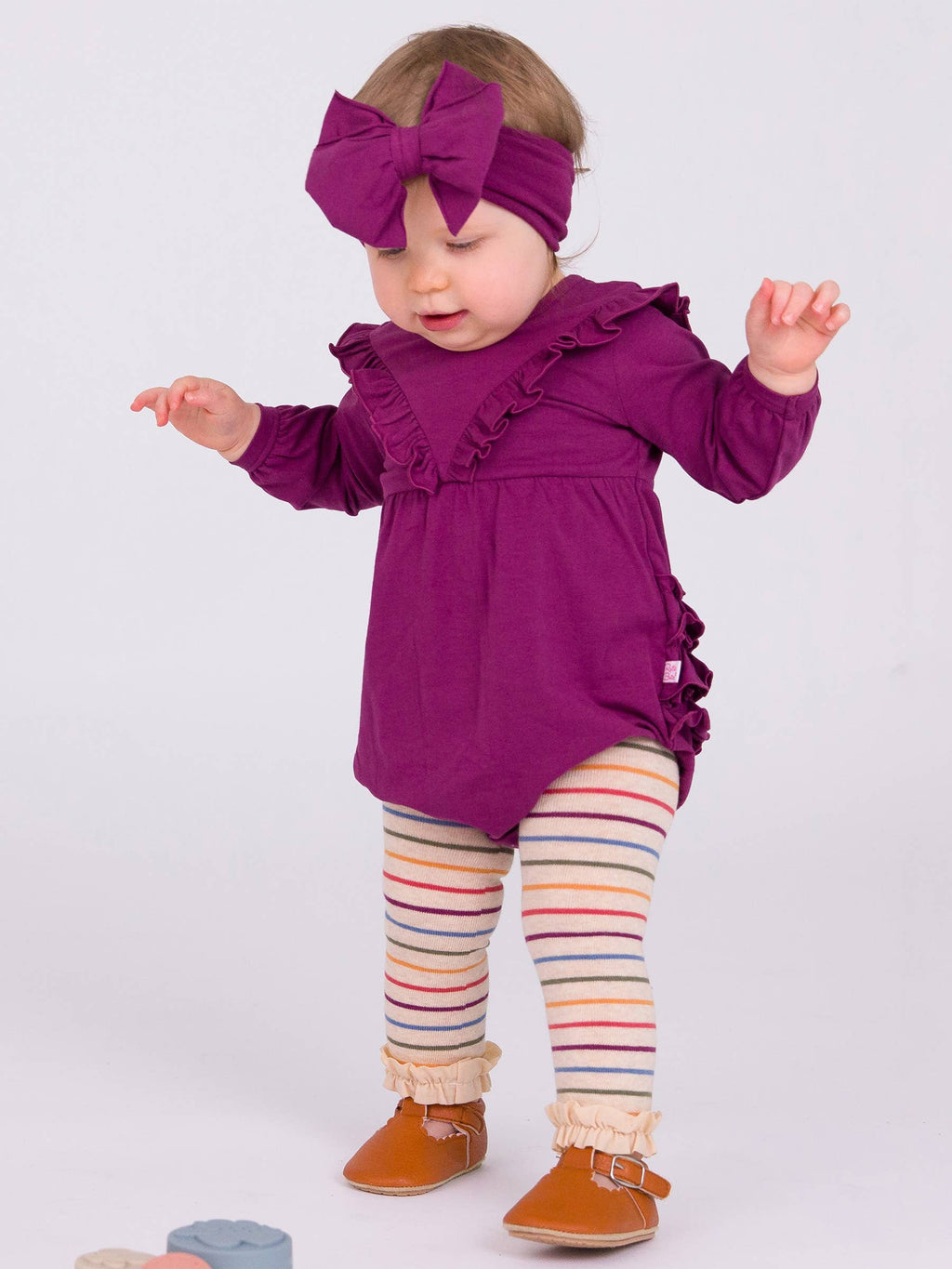 Baby Girls Eggplant Harvest Knit Long Sleeve V-Ruffle Bubble Romper: Purple