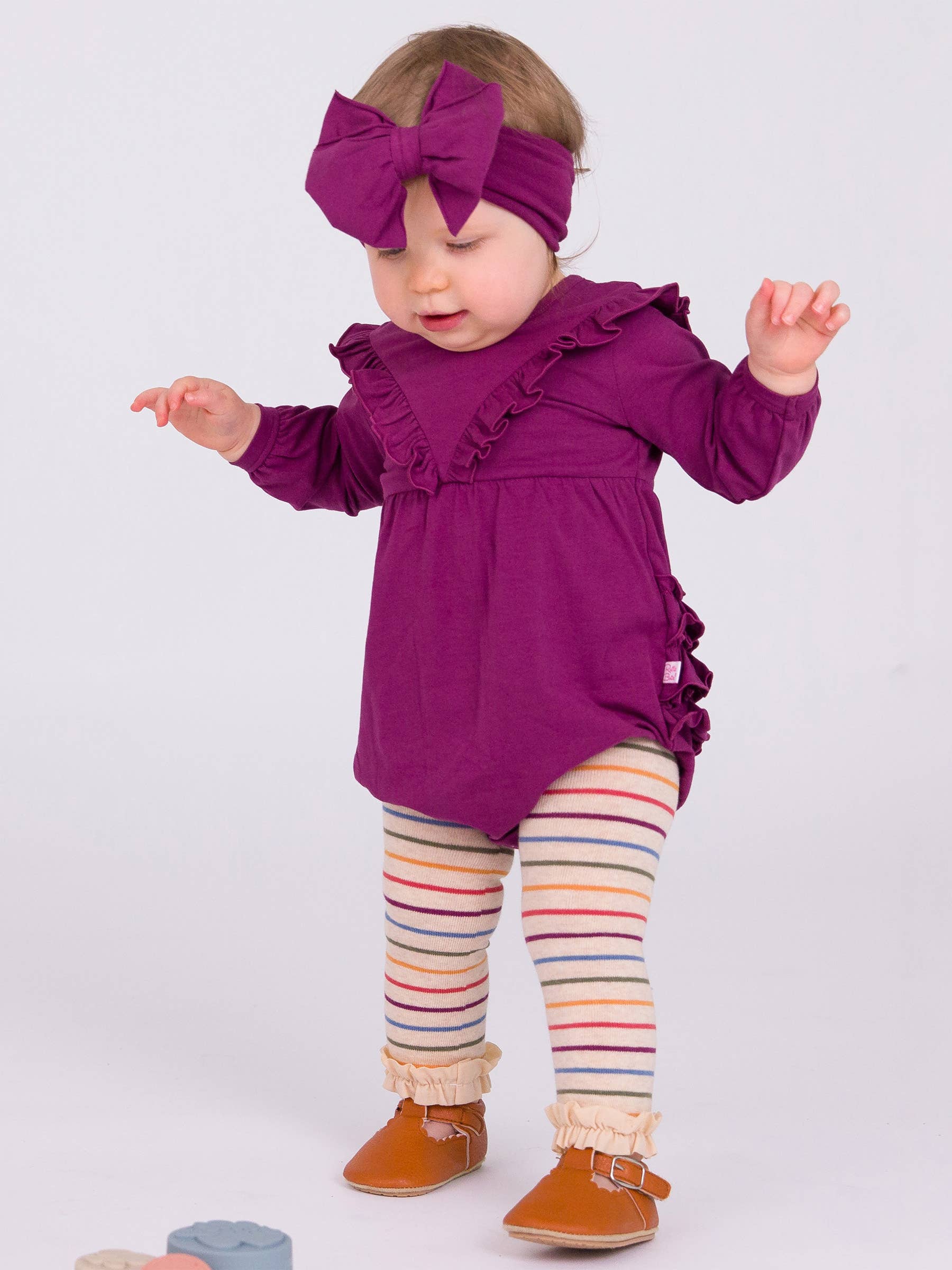 Baby Girls Eggplant Harvest Knit Long Sleeve V-Ruffle Bubble Romper: Purple