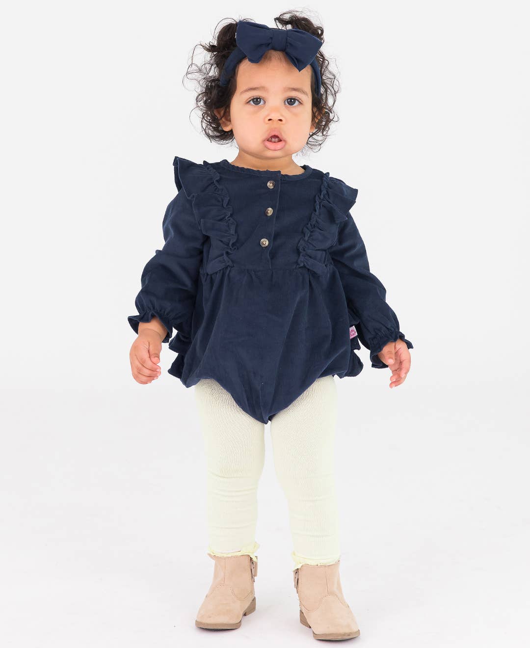 Baby Girls Dark Navy Stretch Corduroy Waterfall Bubble Romper: Blue
