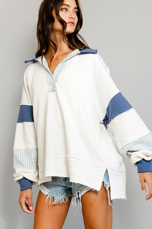 French Terry Knit Color-block Collared Tunic Top