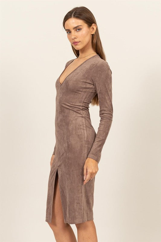 STRETCHY SUEDE SLIT MIDI DRESS