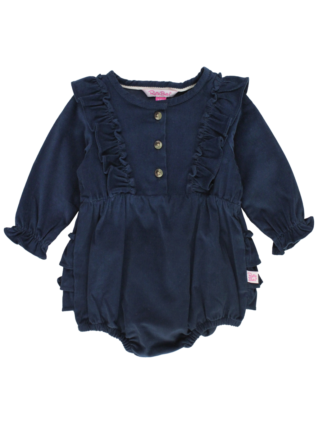 Baby Girls Dark Navy Stretch Corduroy Waterfall Bubble Romper: Blue