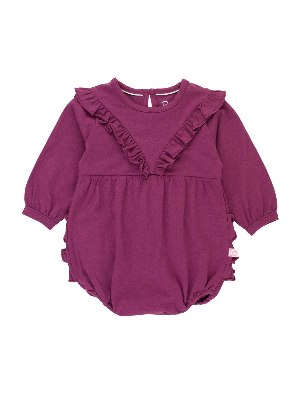 Baby Girls Eggplant Harvest Knit Long Sleeve V-Ruffle Bubble Romper: Purple