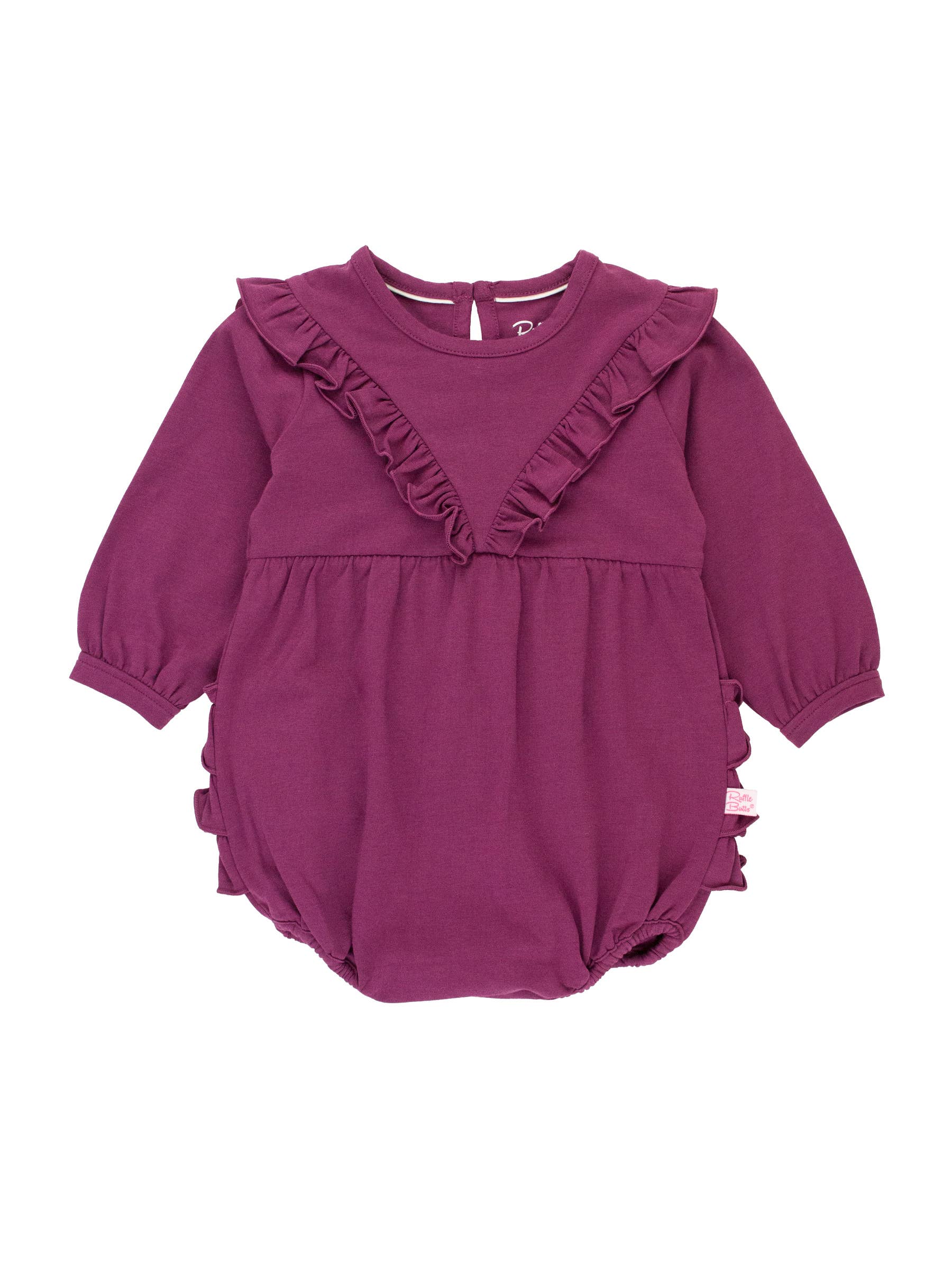 Baby Girls Eggplant Harvest Knit Long Sleeve V-Ruffle Bubble Romper: Purple
