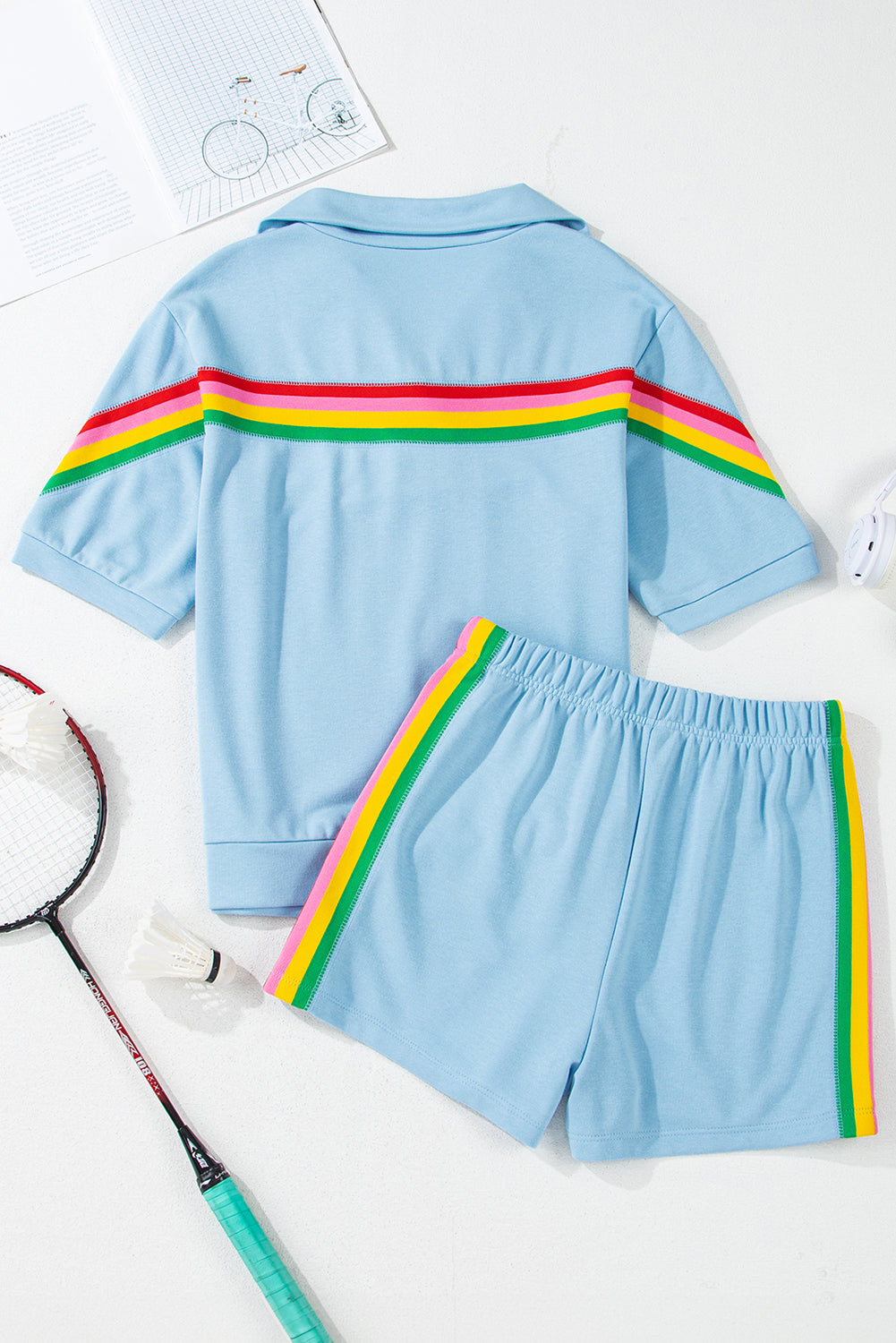 Sea Green Rainbow Colorblock Collared Short Sleeve Top 2 Piece Shorts Set