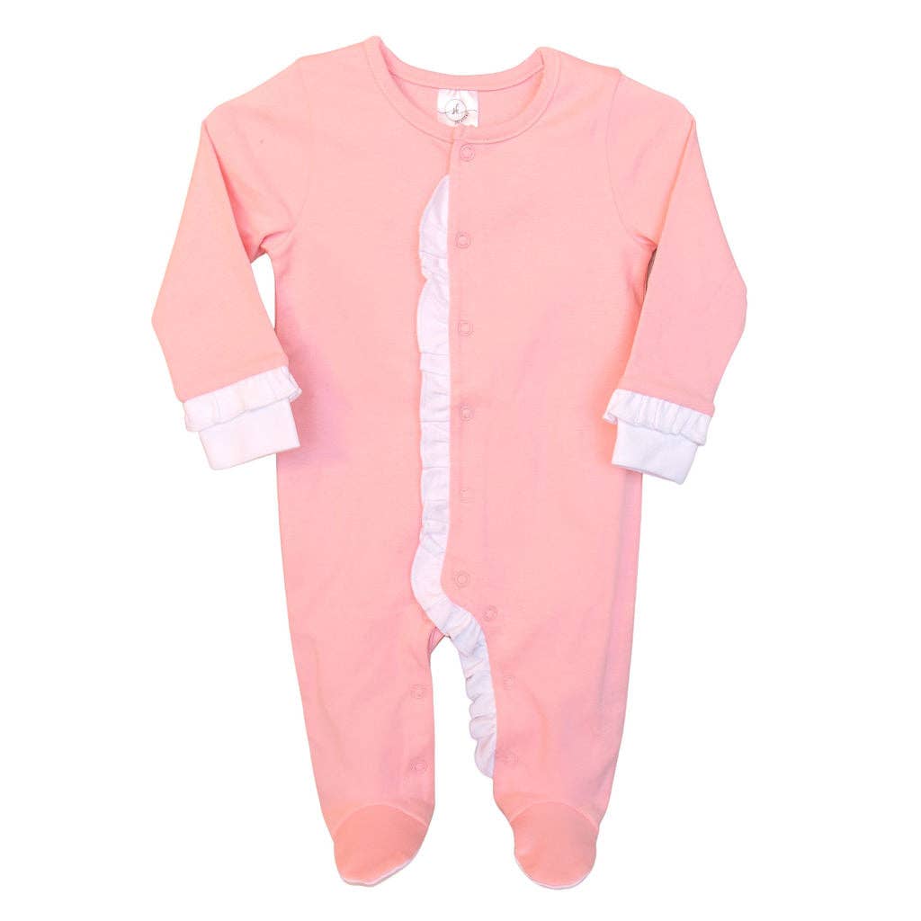 Ruffle Footie: Mint w/Pink Ruffle / 3-6M