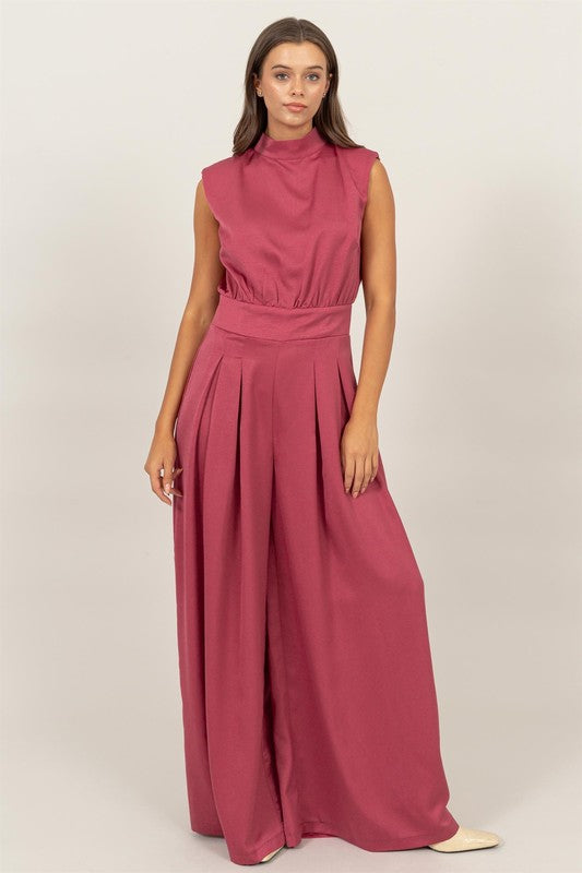 SLEEVELESS WIDE LEG SATIN JUMPSUIT