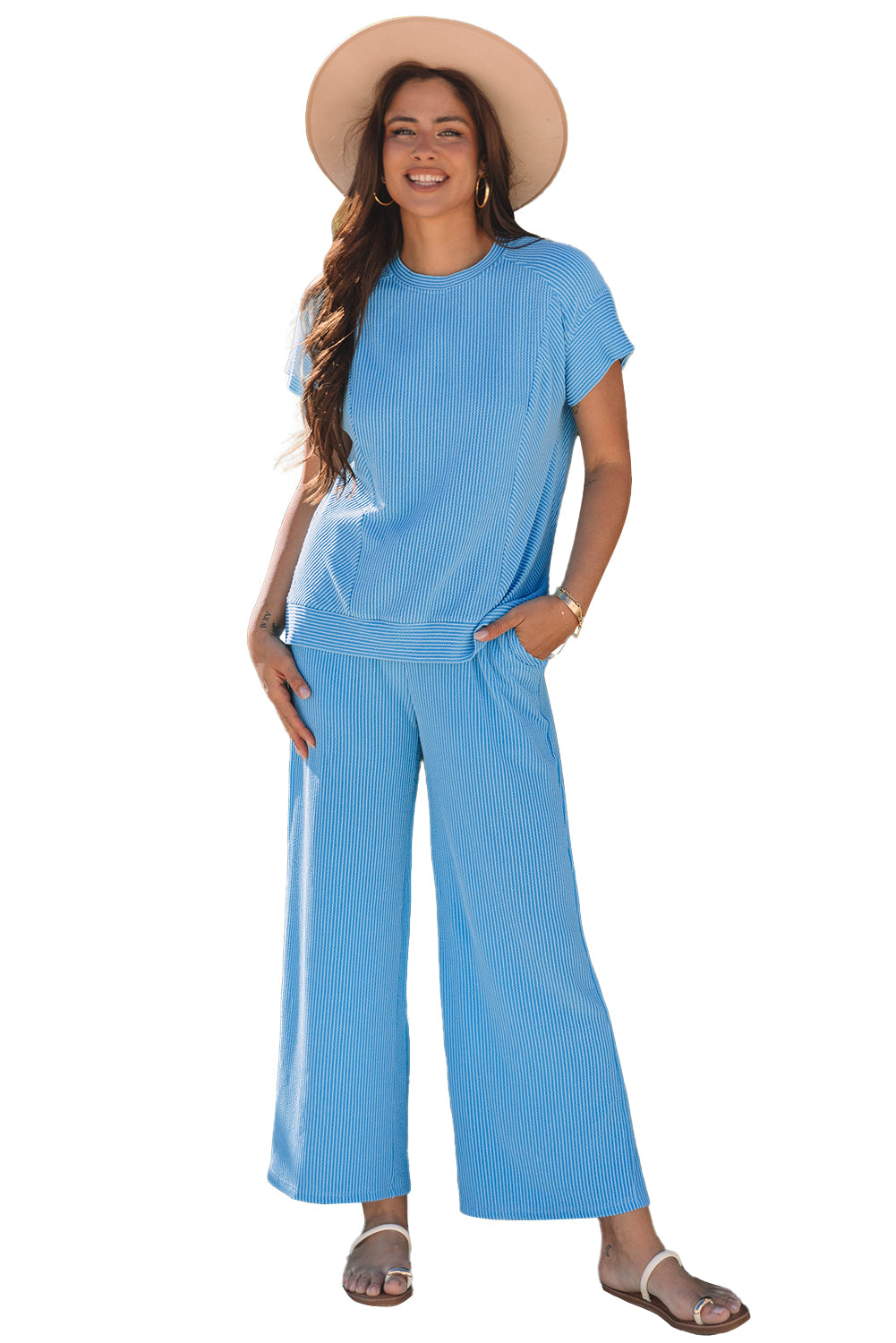 Bright Pink Solid Corded Knit Short Sleeve T Shirt and Wide Leg Pants Set
