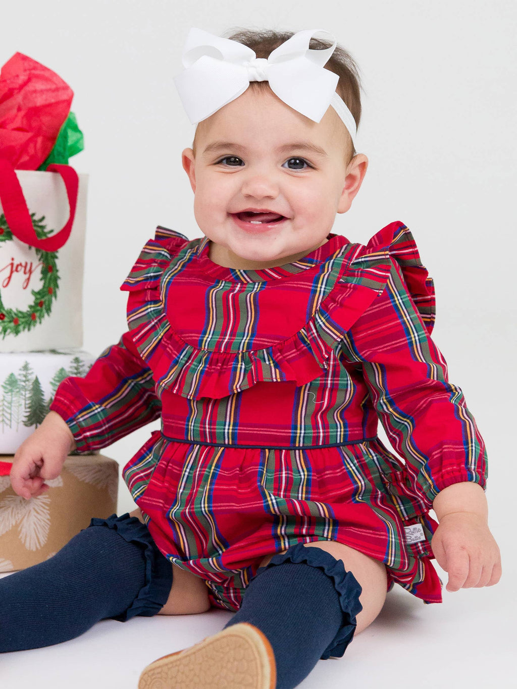 Baby Girls Tis The Season Plaid Long Sleeve Ruffle Trim Bubble Romper: Red