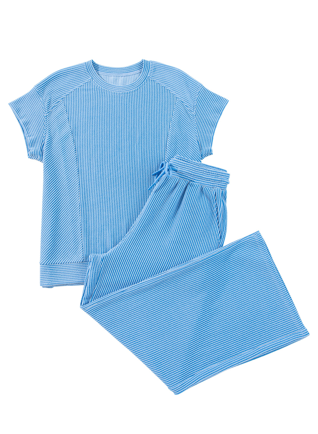 Bright Pink Solid Corded Knit Short Sleeve T Shirt and Wide Leg Pants Set