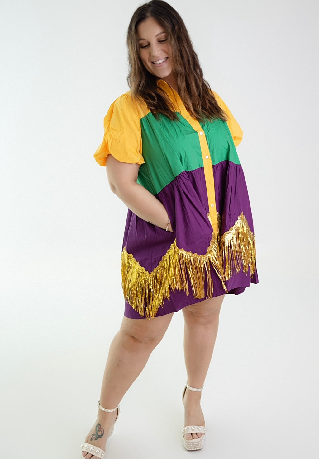 Mardi Gras Color Fringe & Fun Color Block Dress