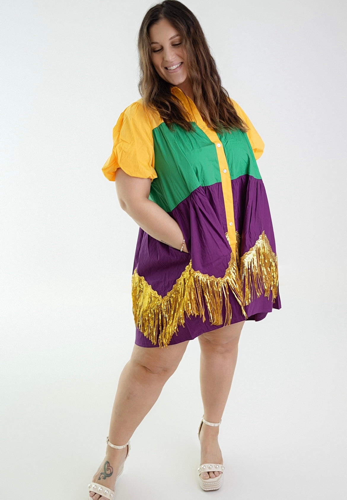 Mardi Gras Color Fringe & Fun Color Block Dress