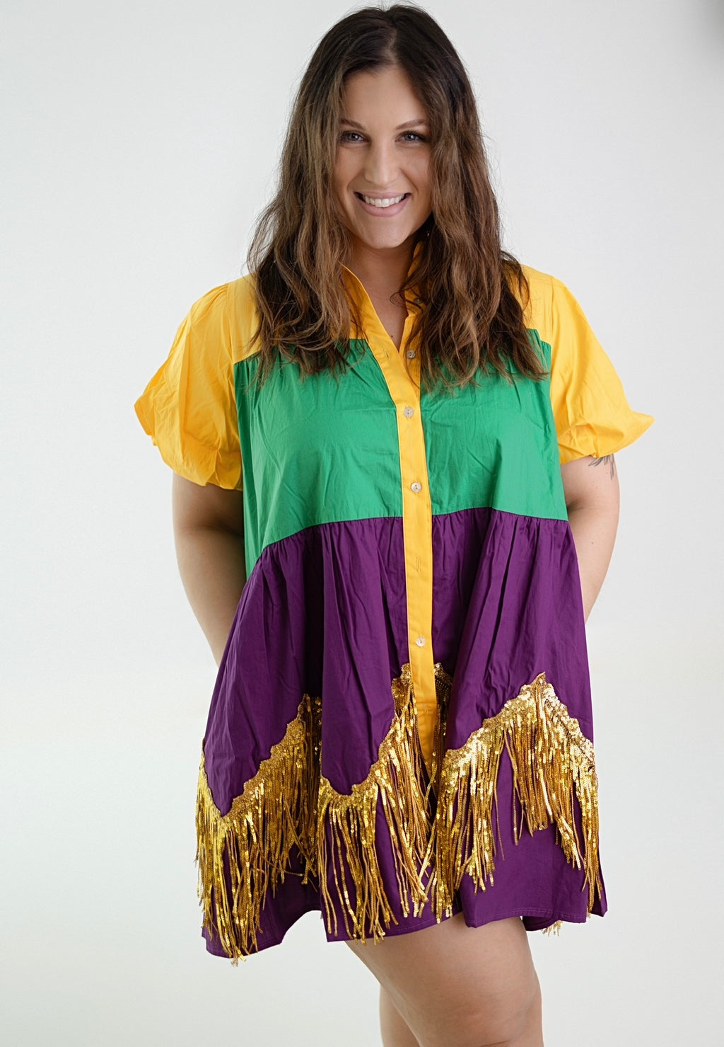 Mardi Gras Color Fringe & Fun Color Block Dress