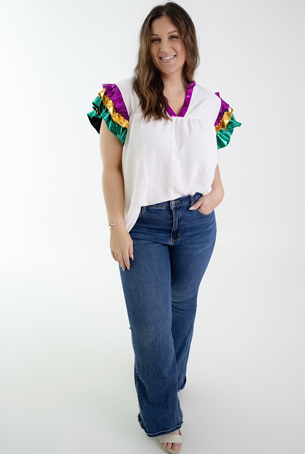 MARDI GRAS MULTI COLOR FOIL RUFFLE SLEEVE TOP