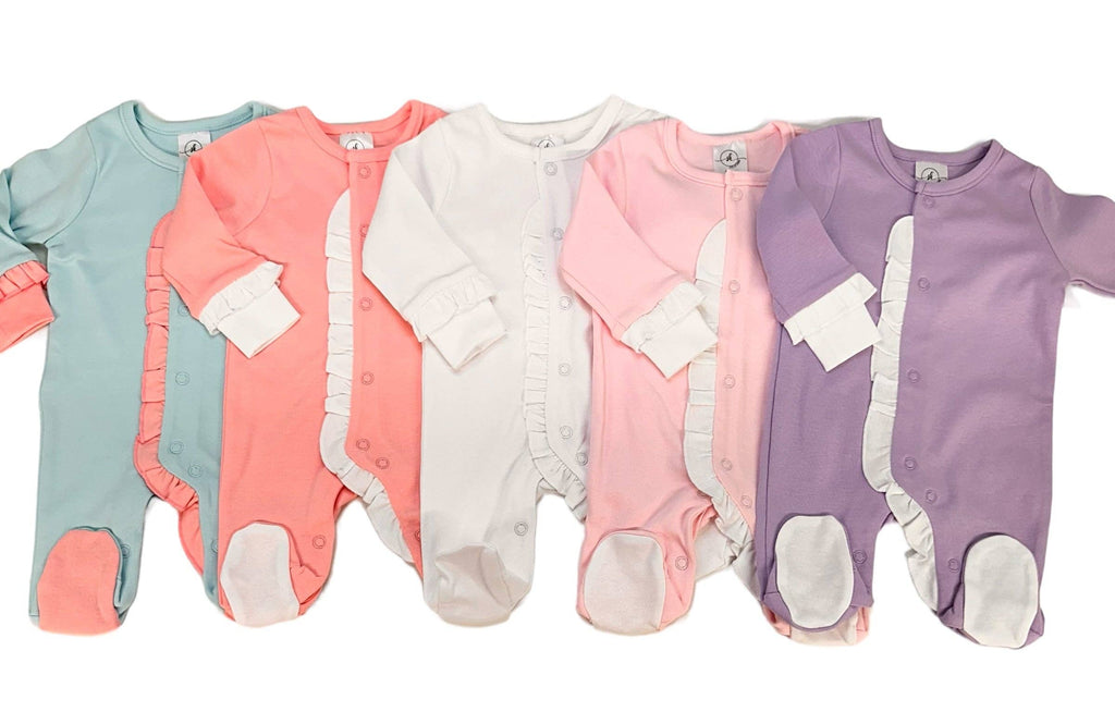 Ruffle Footie: Mint w/Pink Ruffle / 3-6M