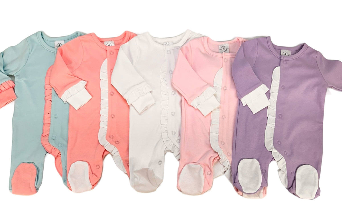 Ruffle Footie: Mint w/Pink Ruffle / 3-6M