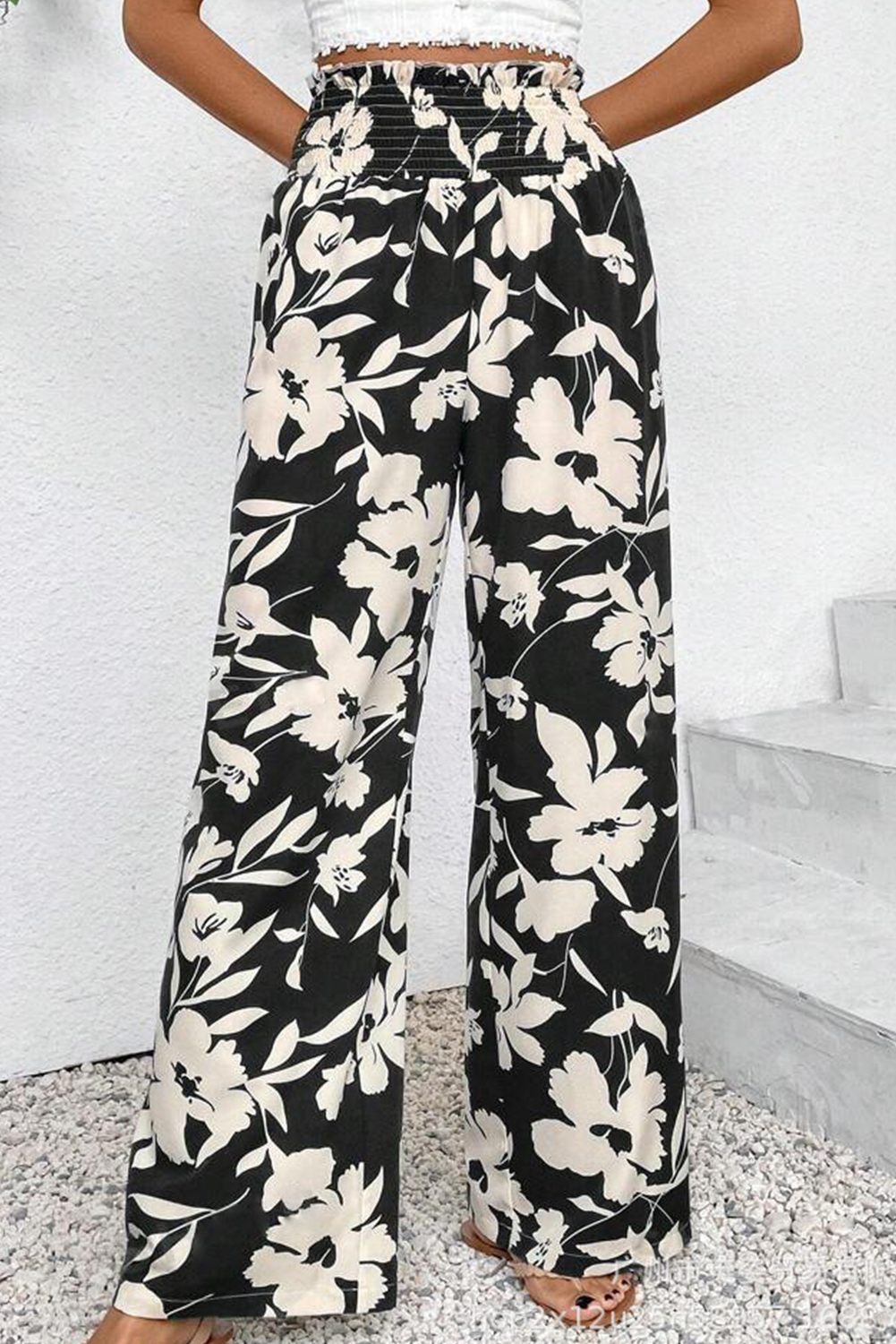 Khaki Floral Print Smocked High Waist Wide Leg Pants