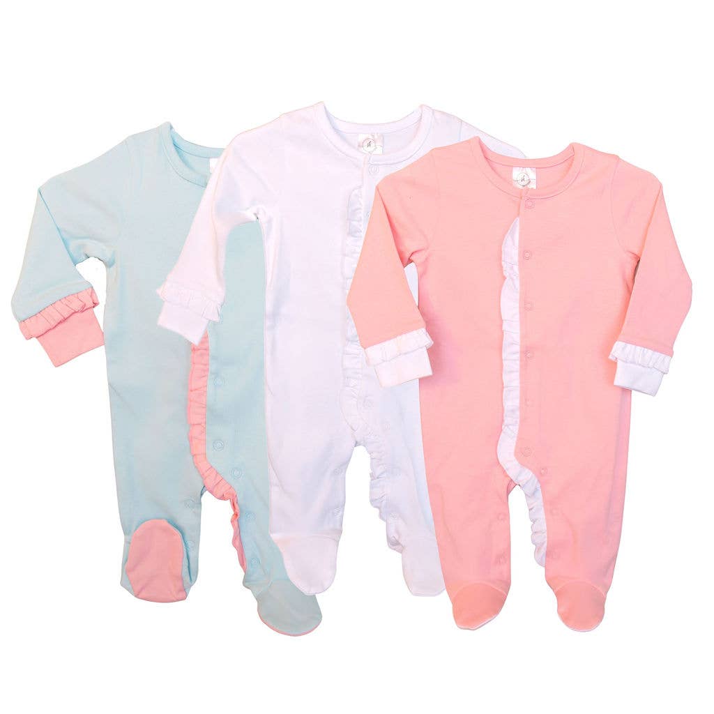 Ruffle Footie: Mint w/Pink Ruffle / 3-6M