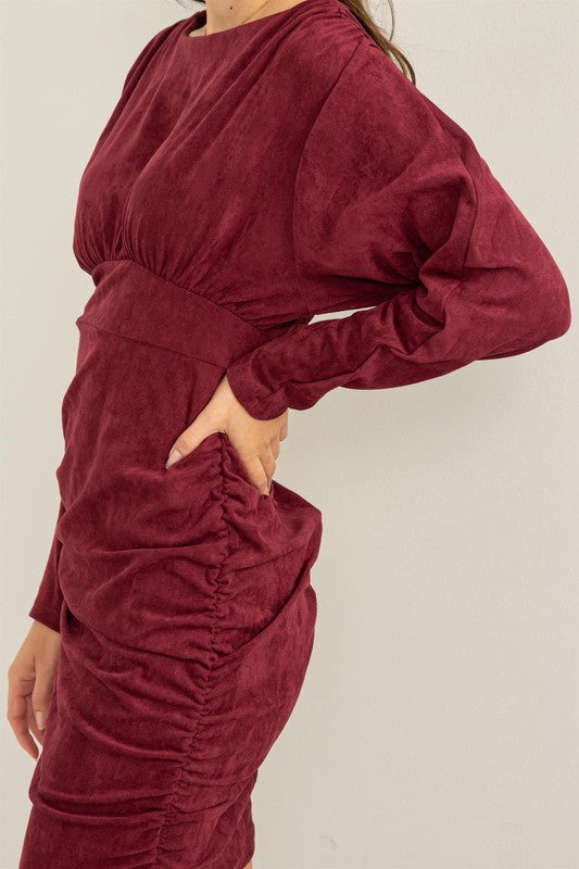 RUCHED FAUX SUEDE MINI DRESS