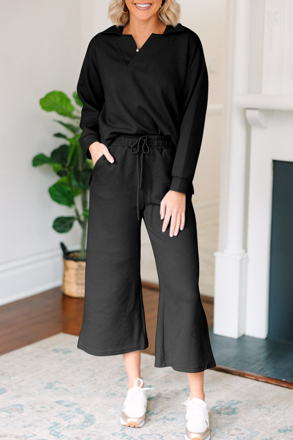 Bonbon Solid Textured Collared V Neck Top and Wide Leg Pants Set