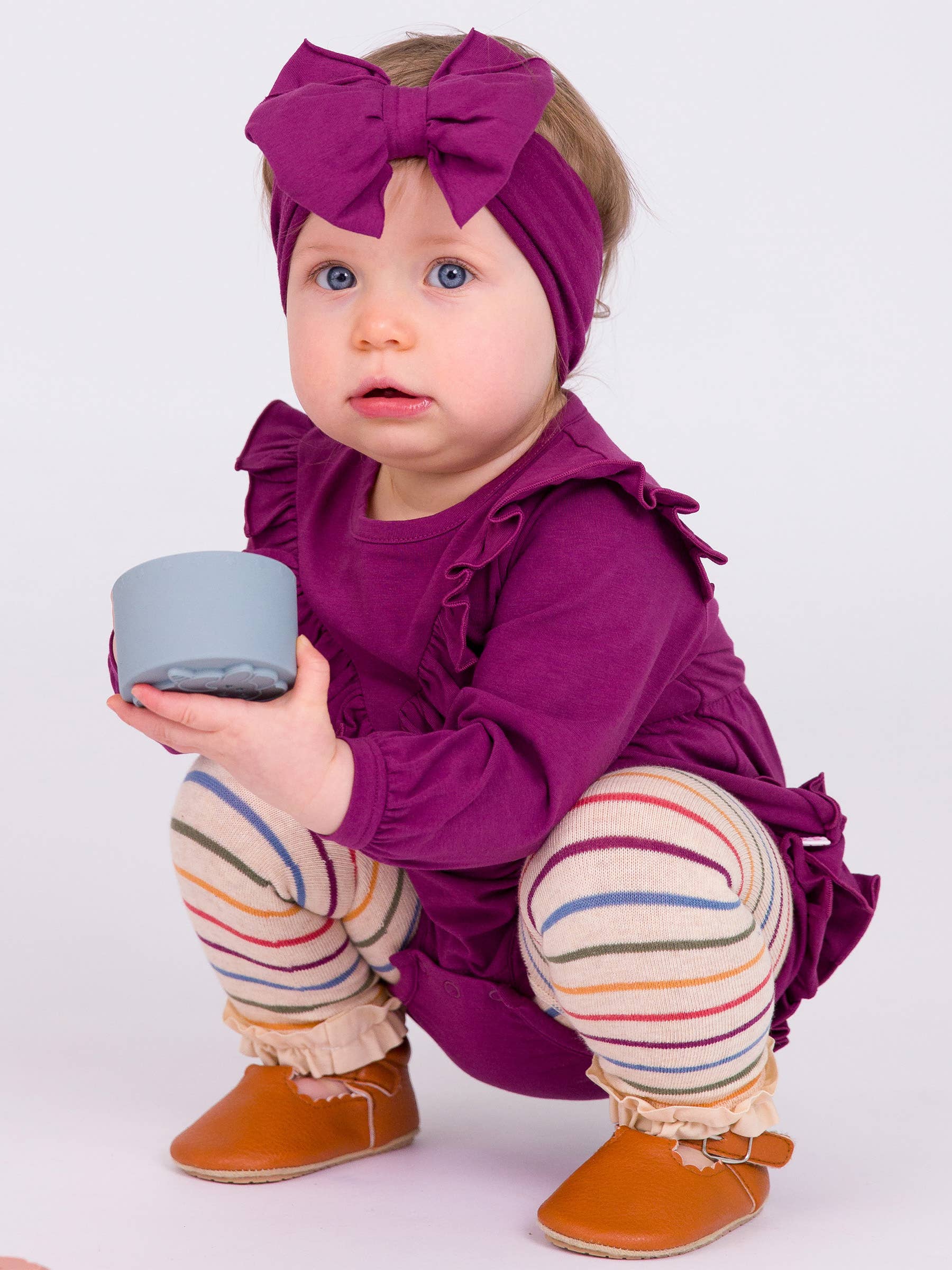 Baby Girls Eggplant Harvest Knit Long Sleeve V-Ruffle Bubble Romper: Purple