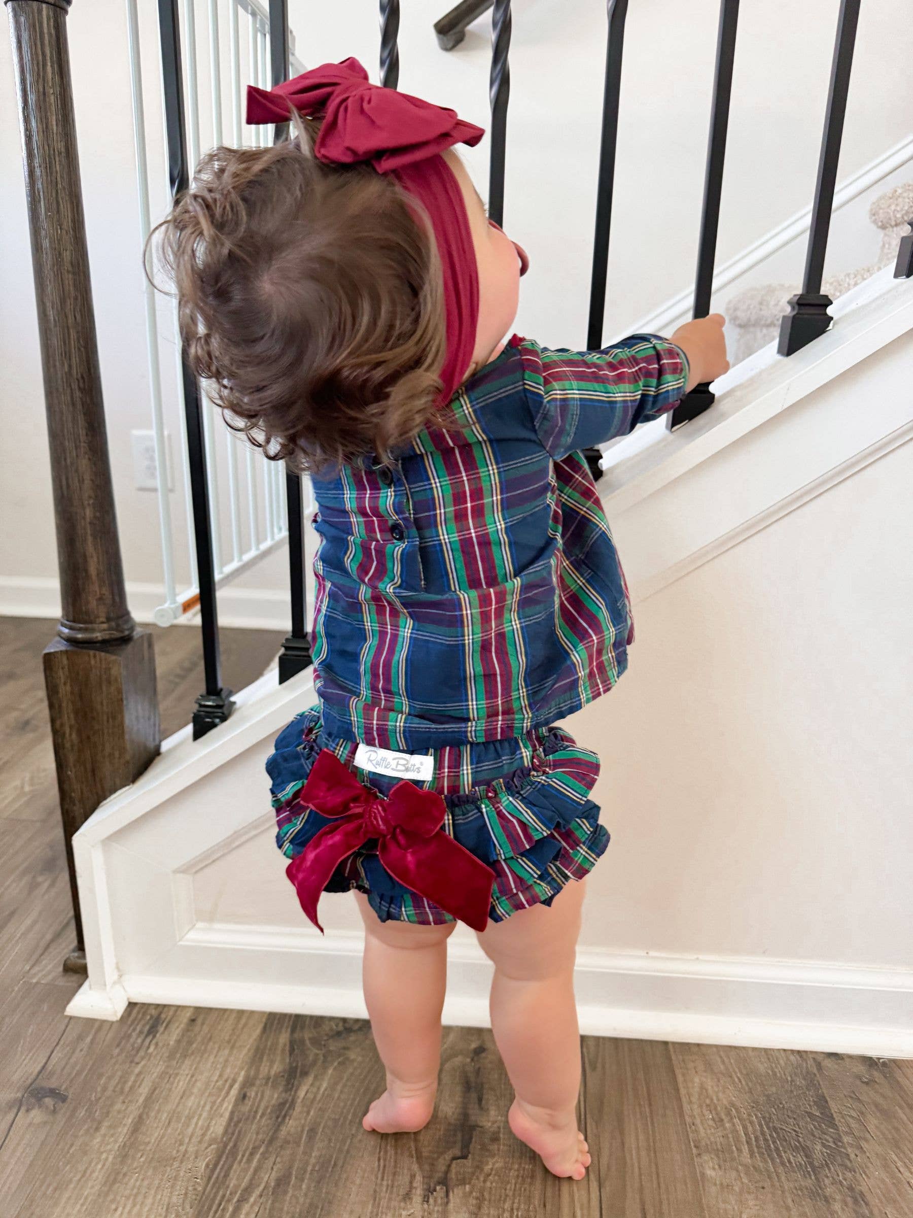Girls Winter Nights Plaid Long Sleeve Ruffle Yoke Top: Navy