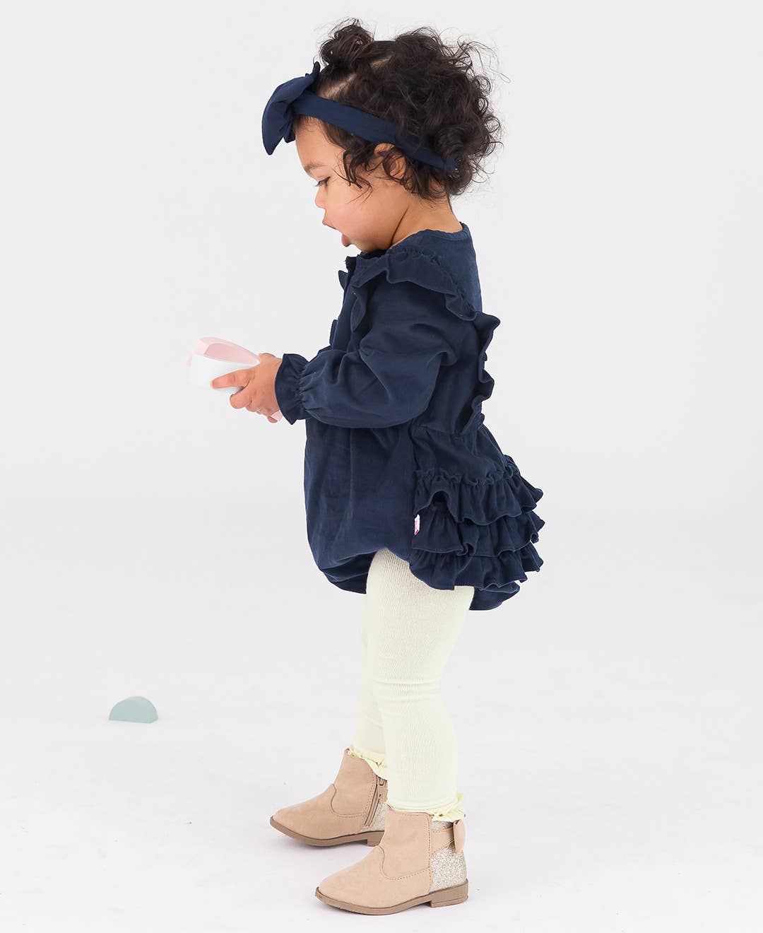 Baby Girls Dark Navy Stretch Corduroy Waterfall Bubble Romper: Blue