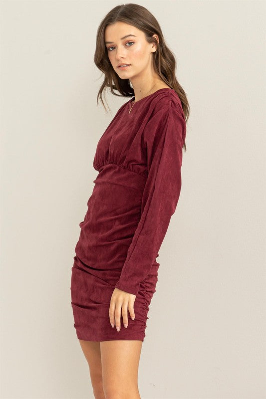 RUCHED FAUX SUEDE MINI DRESS